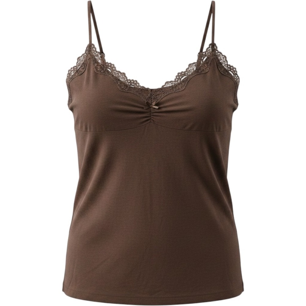 Old Navy Y2K Babydoll Brown Lace Trim Cami Tank Top Adjustable Straps Size M